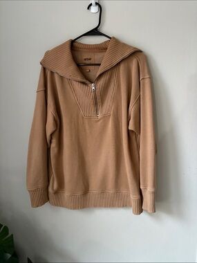 aerie Camel/Tan Half-Zip Rib Funnel Sweater